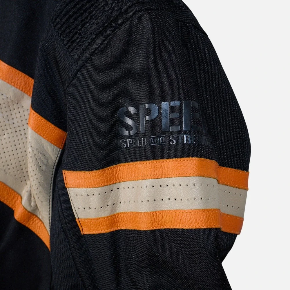 Speed and Strength Motorcycle Jacket Mens Black Orange Leather Trim Large L